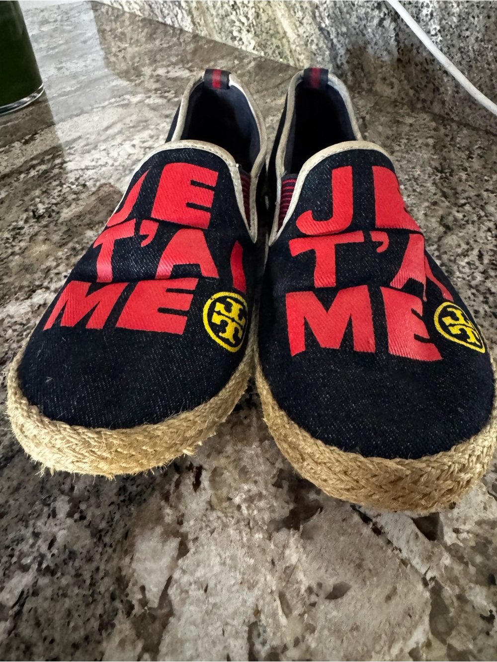Tory Burch Black Canvas Espadrille Slip-Ons with Red Graphic